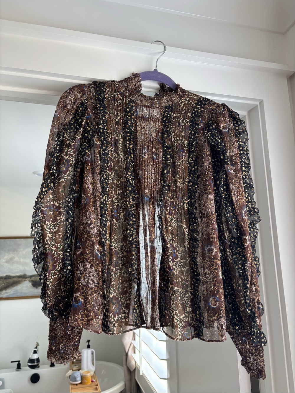 Ulla Johnson Brown Sheer Floral Ruffle Blouse
